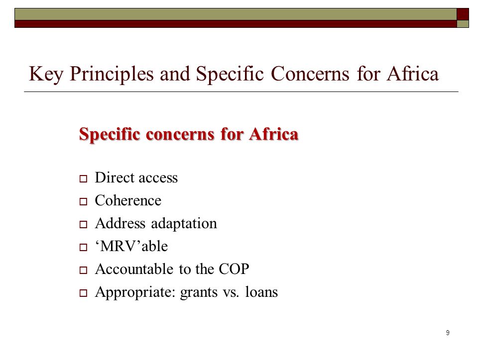 Key Principles and Specific Concerns for Africa Specific concerns for Africa Direct access Coherence Address adaptation MRVable Accountable to the COP Appropriate: grants vs.