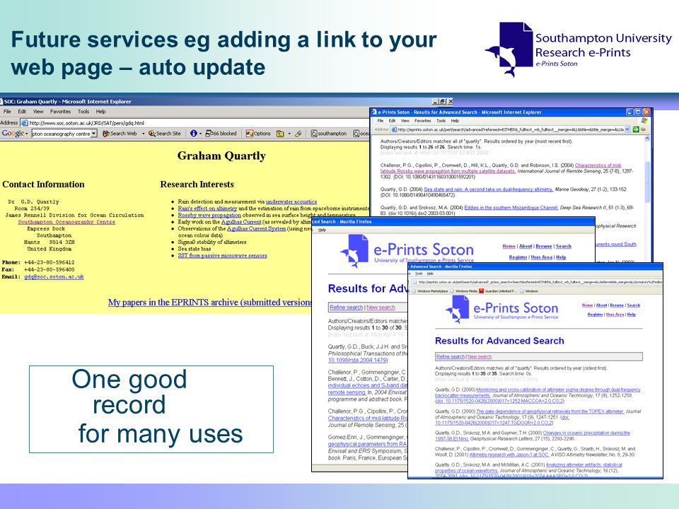 Future services eg adding a link to your web page – auto update One good record for many uses