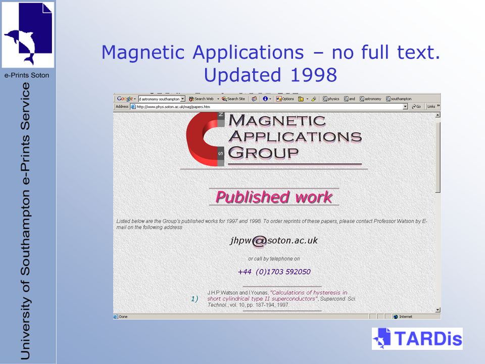 Magnetic Applications – no full text. Updated 1998