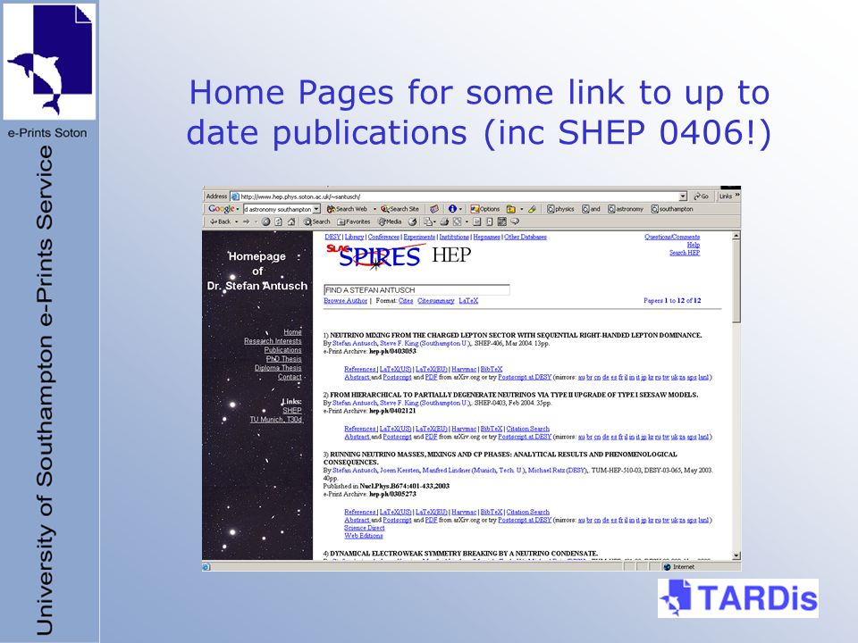 Home Pages for some link to up to date publications (inc SHEP 0406!)