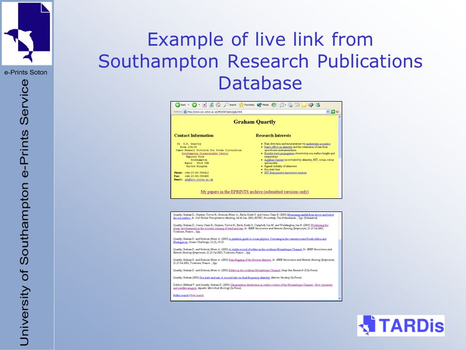 Example of live link from Southampton Research Publications Database