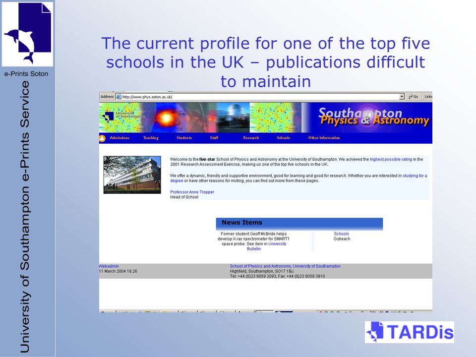The current profile for one of the top five schools in the UK – publications difficult to maintain
