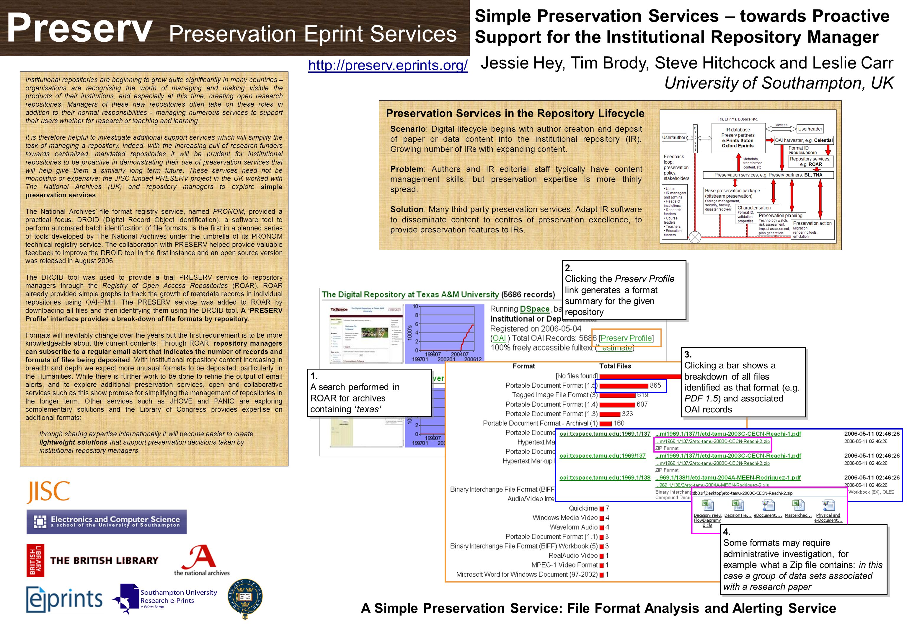 Preserv Preservation Eprint Services   Simple Preservation Services – towards Proactive Support for the Institutional Repository Manager Institutional repositories are beginning to grow quite significantly in many countries – organisations are recognising the worth of managing and making visible the products of their institutions, and especially at this time, creating open research repositories.