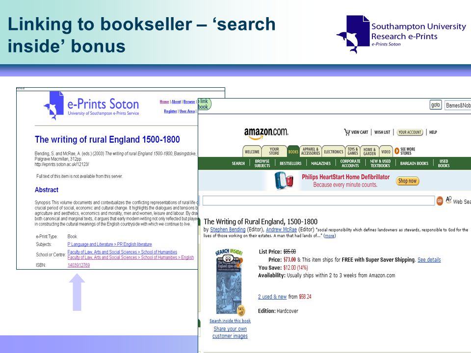 Linking to bookseller – search inside bonus