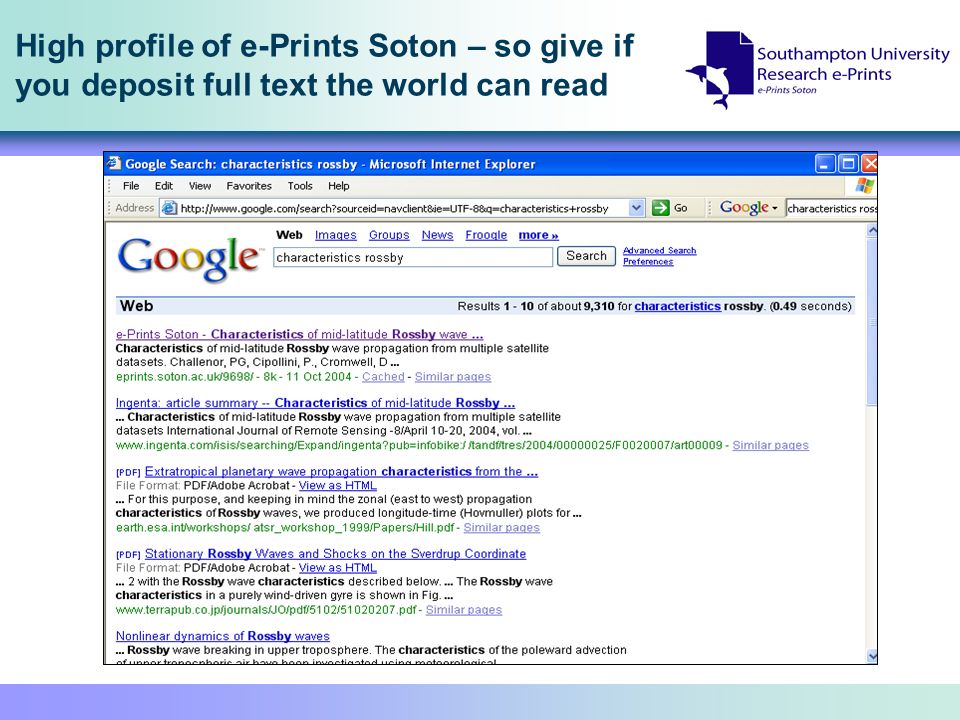 High profile of e-Prints Soton – so give if you deposit full text the world can read