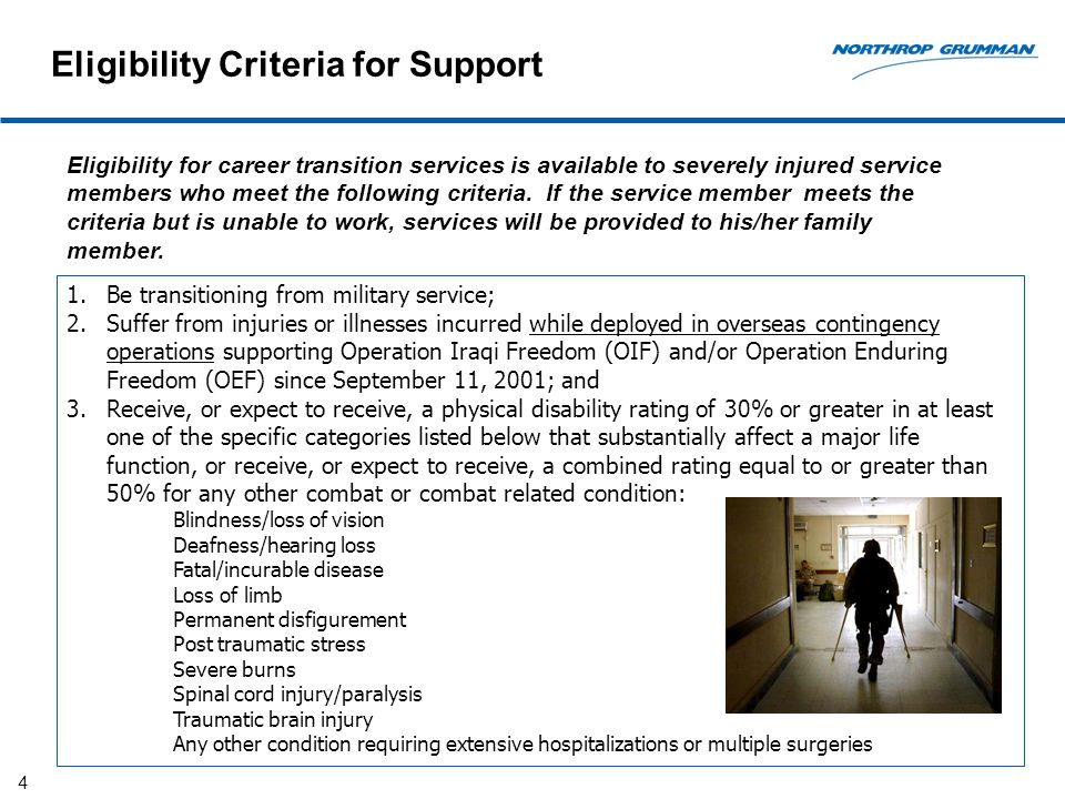 4 Eligibility for career transition services is available to severely injured service members who meet the following criteria.