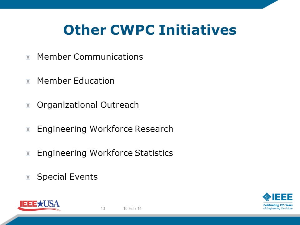Other CWPC Initiatives Member Communications Member Education Organizational Outreach Engineering Workforce Research Engineering Workforce Statistics Special Events 10-Feb-1413