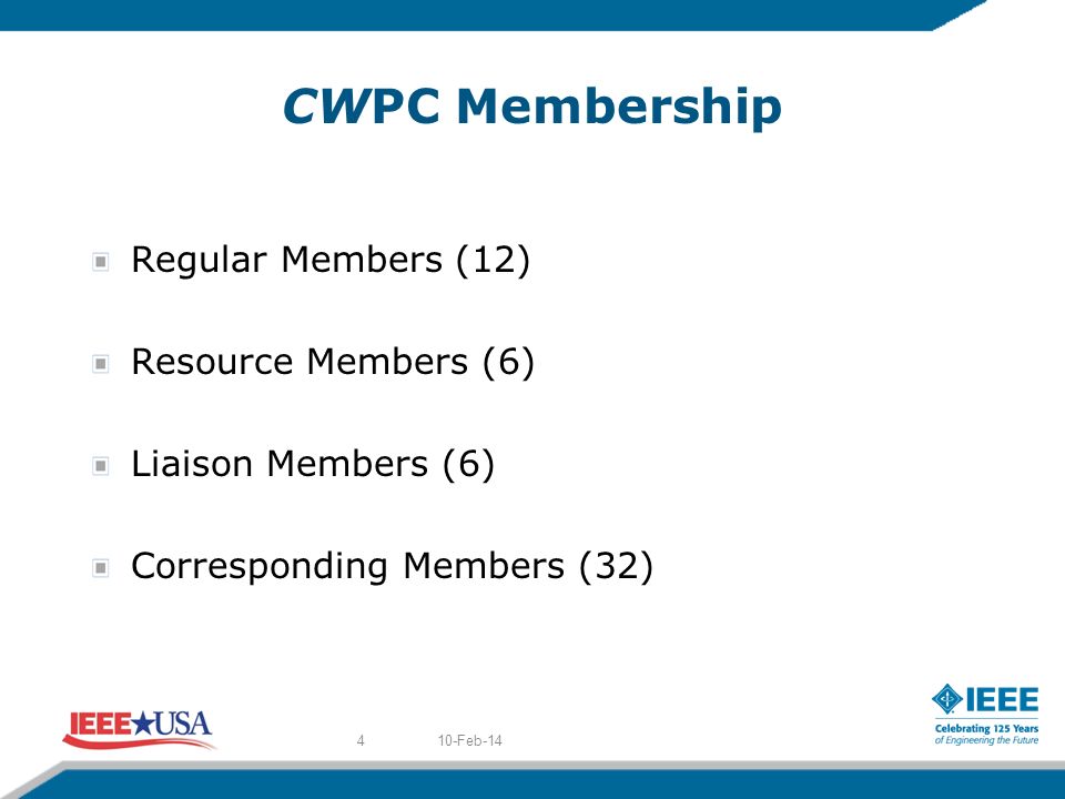 CWPC Membership Regular Members (12) Resource Members (6) Liaison Members (6) Corresponding Members (32) 10-Feb-144
