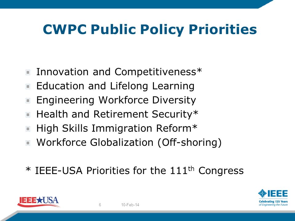 CWPC Public Policy Priorities Innovation and Competitiveness* Education and Lifelong Learning Engineering Workforce Diversity Health and Retirement Security* High Skills Immigration Reform* Workforce Globalization (Off-shoring) * IEEE-USA Priorities for the 111 th Congress 10-Feb-146