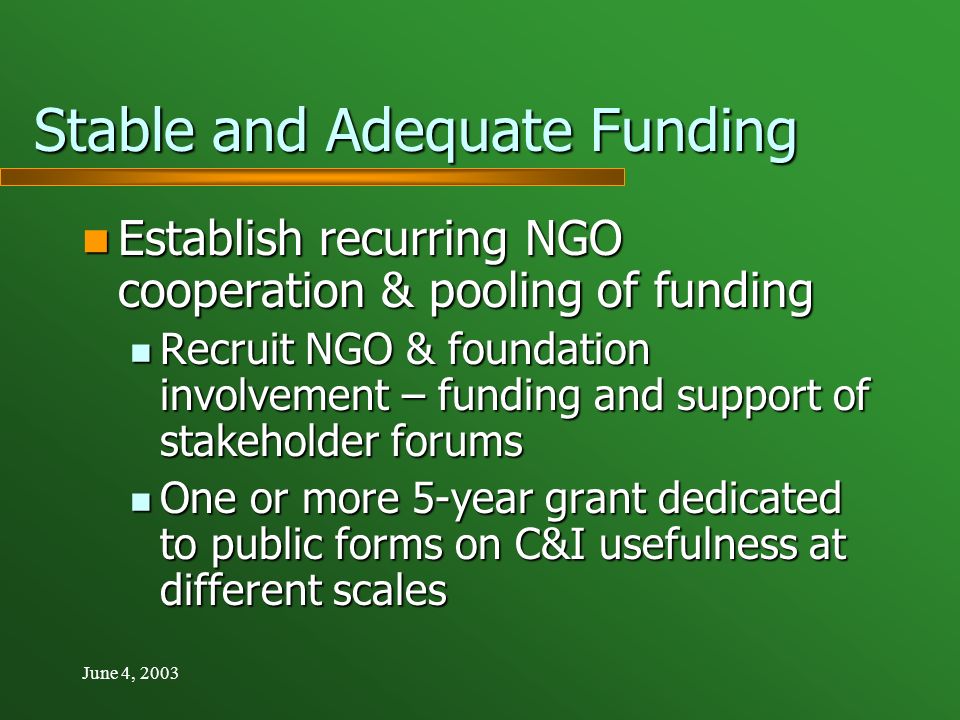 June 4, 2003 Stable and Adequate Funding Establish recurring NGO cooperation & pooling of funding Establish recurring NGO cooperation & pooling of funding Recruit NGO & foundation involvement – funding and support of stakeholder forums Recruit NGO & foundation involvement – funding and support of stakeholder forums One or more 5-year grant dedicated to public forms on C&I usefulness at different scales One or more 5-year grant dedicated to public forms on C&I usefulness at different scales