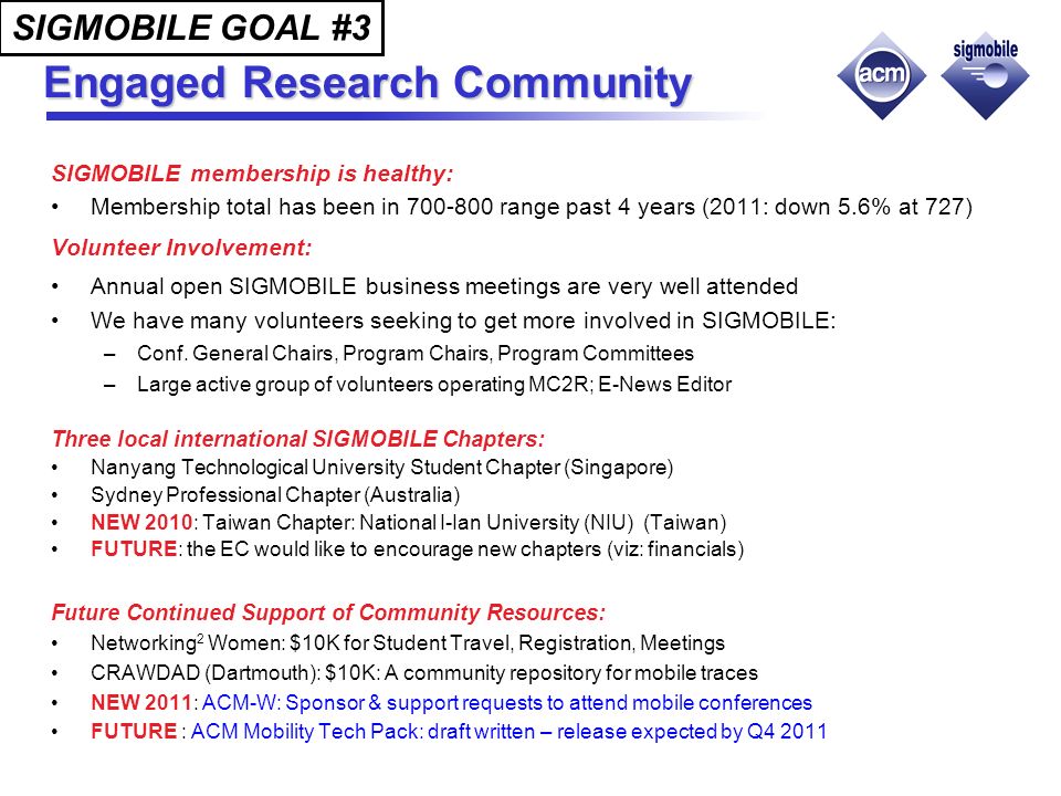 Engaged Research Community SIGMOBILE membership is healthy: Membership total has been in range past 4 years (2011: down 5.6% at 727) Volunteer Involvement: Annual open SIGMOBILE business meetings are very well attended We have many volunteers seeking to get more involved in SIGMOBILE: –Conf.