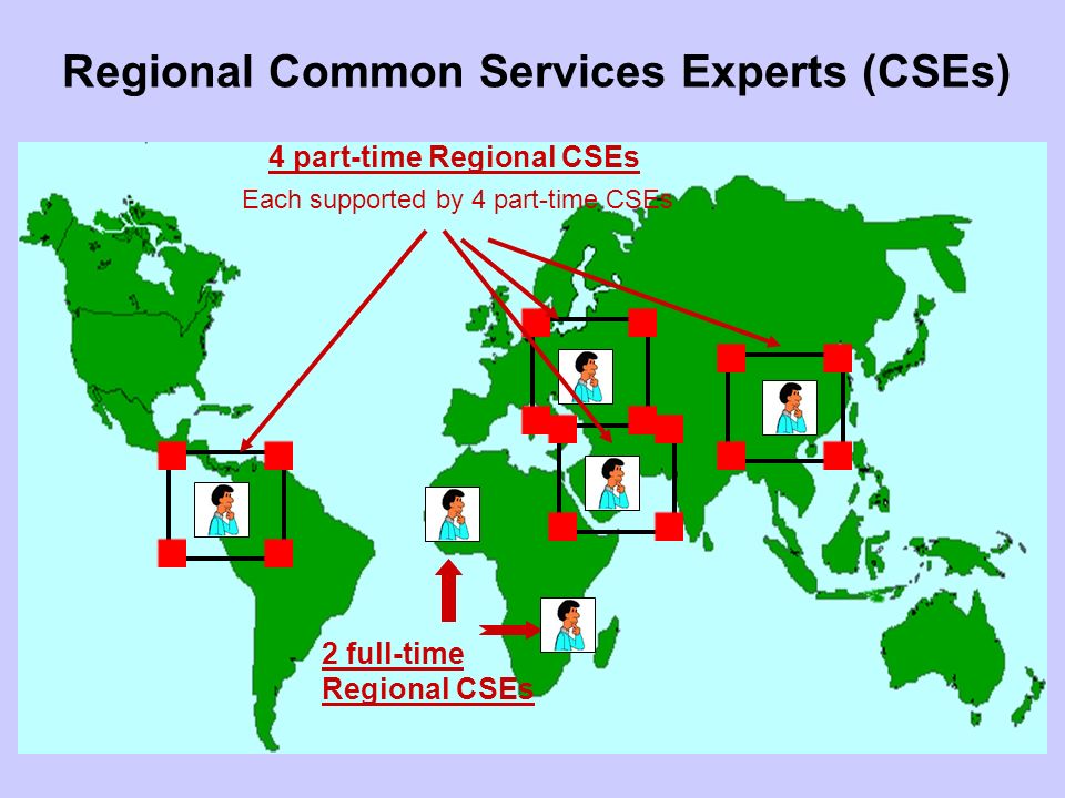 Regional Common Services Experts (CSEs) 4 part-time Regional CSEs 2 full-time Regional CSEs Each supported by 4 part-time CSEs