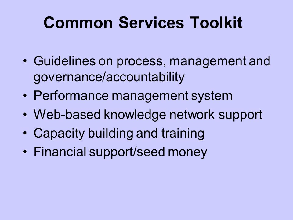 Common Services Toolkit Guidelines on process, management and governance/accountability Performance management system Web-based knowledge network support Capacity building and training Financial support/seed money