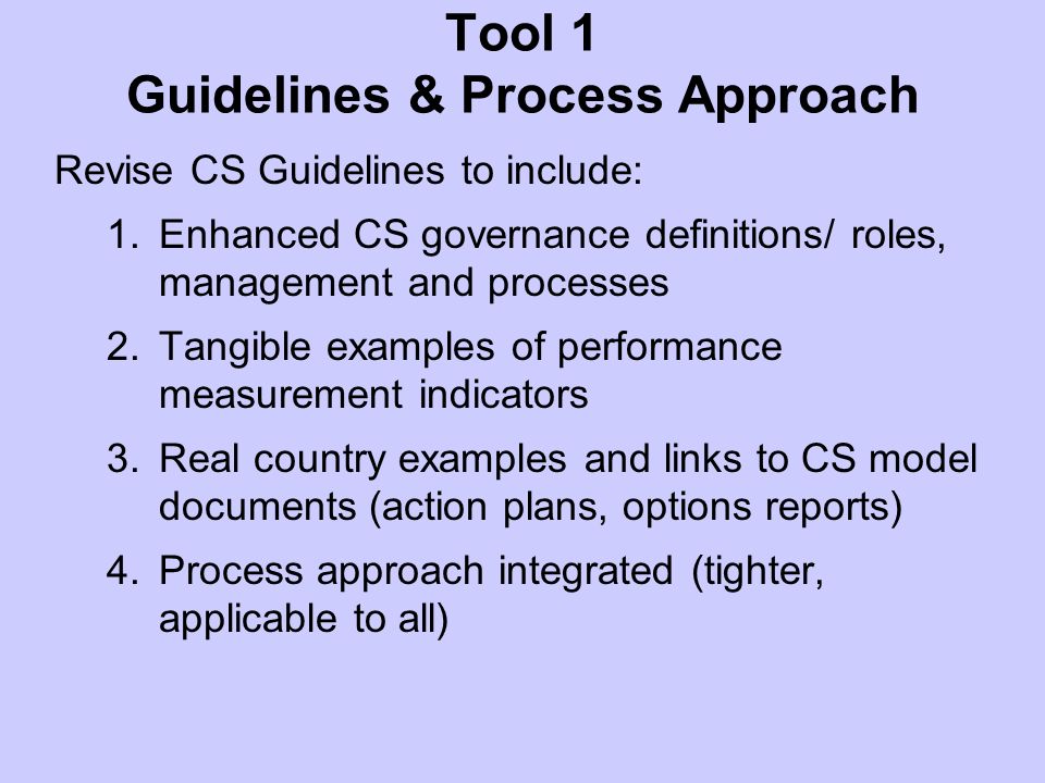Tool 1 Guidelines & Process Approach Revise CS Guidelines to include: 1.Enhanced CS governance definitions/ roles, management and processes 2.Tangible examples of performance measurement indicators 3.Real country examples and links to CS model documents (action plans, options reports) 4.Process approach integrated (tighter, applicable to all)