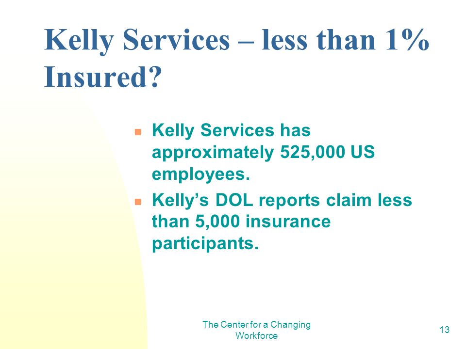 The Center for a Changing Workforce 13 Kelly Services – less than 1% Insured.