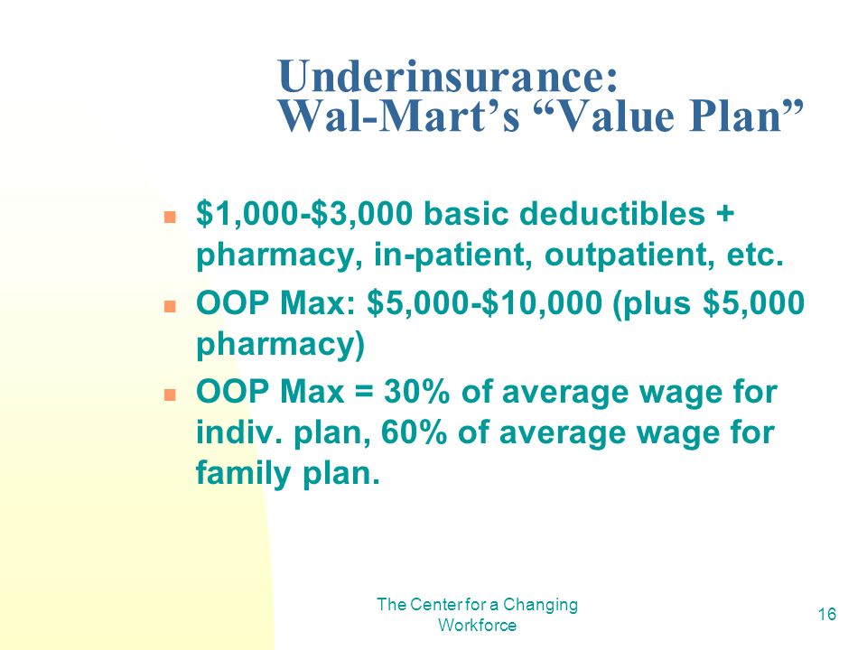The Center for a Changing Workforce 16 Underinsurance: Wal-Marts Value Plan $1,000-$3,000 basic deductibles + pharmacy, in-patient, outpatient, etc.
