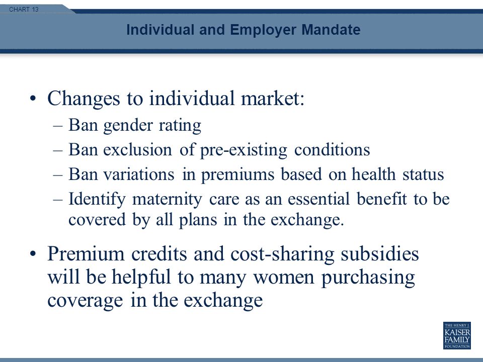 CHART 13 Individual and Employer Mandate Changes to individual market: –Ban gender rating –Ban exclusion of pre-existing conditions –Ban variations in premiums based on health status –Identify maternity care as an essential benefit to be covered by all plans in the exchange.