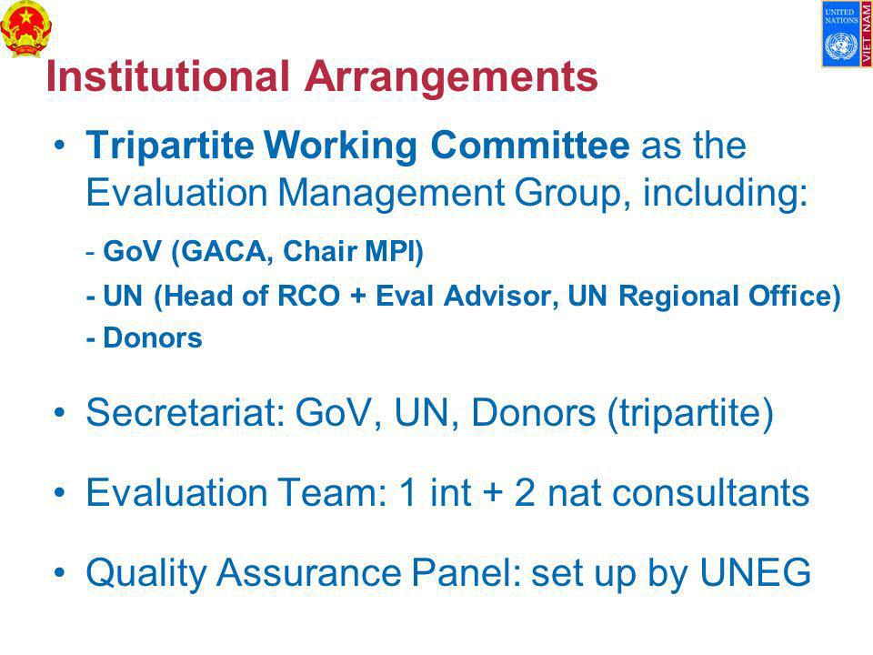 Institutional Arrangements Tripartite Working Committee as the Evaluation Management Group, including: - GoV (GACA, Chair MPI) - UN (Head of RCO + Eval Advisor, UN Regional Office) - Donors Secretariat: GoV, UN, Donors (tripartite) Evaluation Team: 1 int + 2 nat consultants Quality Assurance Panel: set up by UNEG