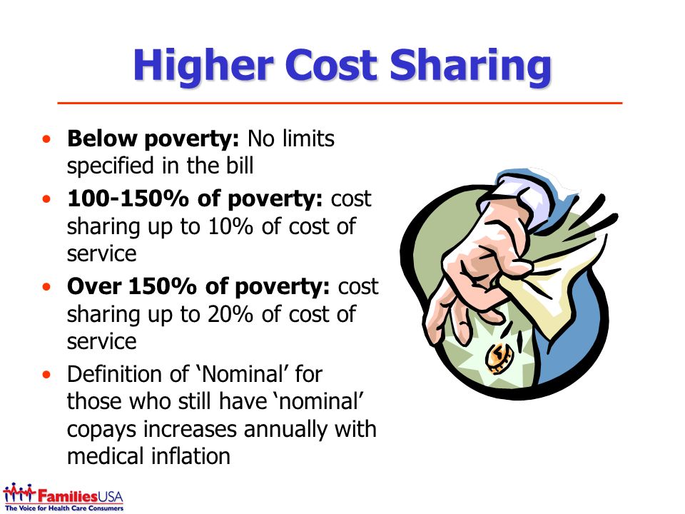 Higher Cost Sharing Below poverty: No limits specified in the bill % of poverty: cost sharing up to 10% of cost of service Over 150% of poverty: cost sharing up to 20% of cost of service Definition of Nominal for those who still have nominal copays increases annually with medical inflation