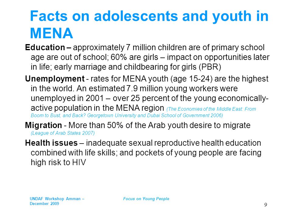 Facts on adolescents and youth in MENA Education – approximately 7 million children are of primary school age are out of school; 60% are girls – impact on opportunities later in life; early marriage and childbearing for girls (PBR) Unemployment - rates for MENA youth (age 15-24) are the highest in the world.