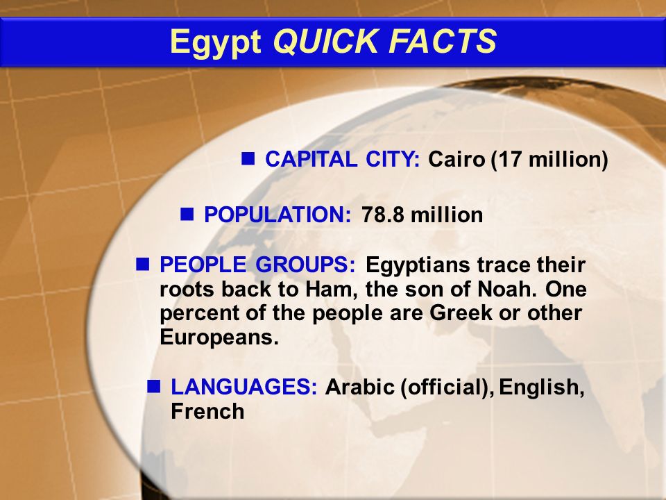 PEOPLE GROUPS: Egyptians trace their roots back to Ham, the son of Noah.