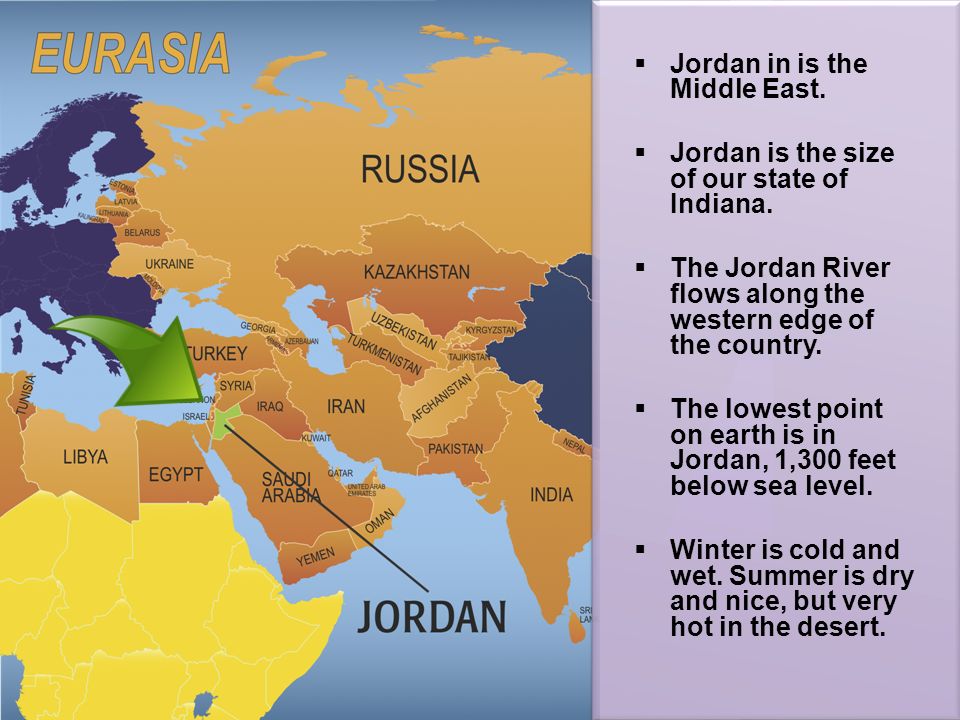 Jordan in is the Middle East. Jordan is the size of our state of Indiana.