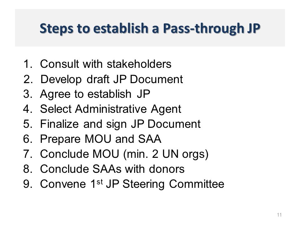 Steps to establish a Pass-through JP 11 1.Consult with stakeholders 2.Develop draft JP Document 3.Agree to establish JP 4.Select Administrative Agent 5.Finalize and sign JP Document 6.Prepare MOU and SAA 7.Conclude MOU (min.