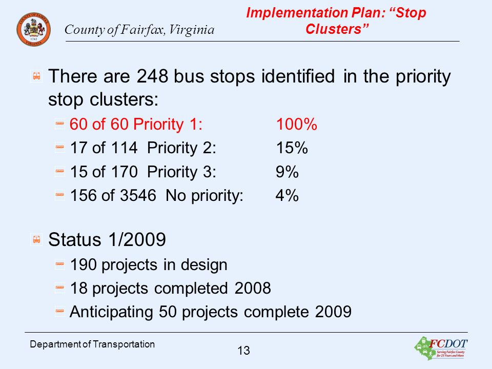 County of Fairfax, Virginia 13 Department of Transportation Implementation Plan: Stop Clusters There are 248 bus stops identified in the priority stop clusters: 60 of 60 Priority 1: 100% 17 of 114 Priority 2: 15% 15 of 170 Priority 3: 9% 156 of 3546 No priority: 4% Status 1/ projects in design 18 projects completed 2008 Anticipating 50 projects complete 2009