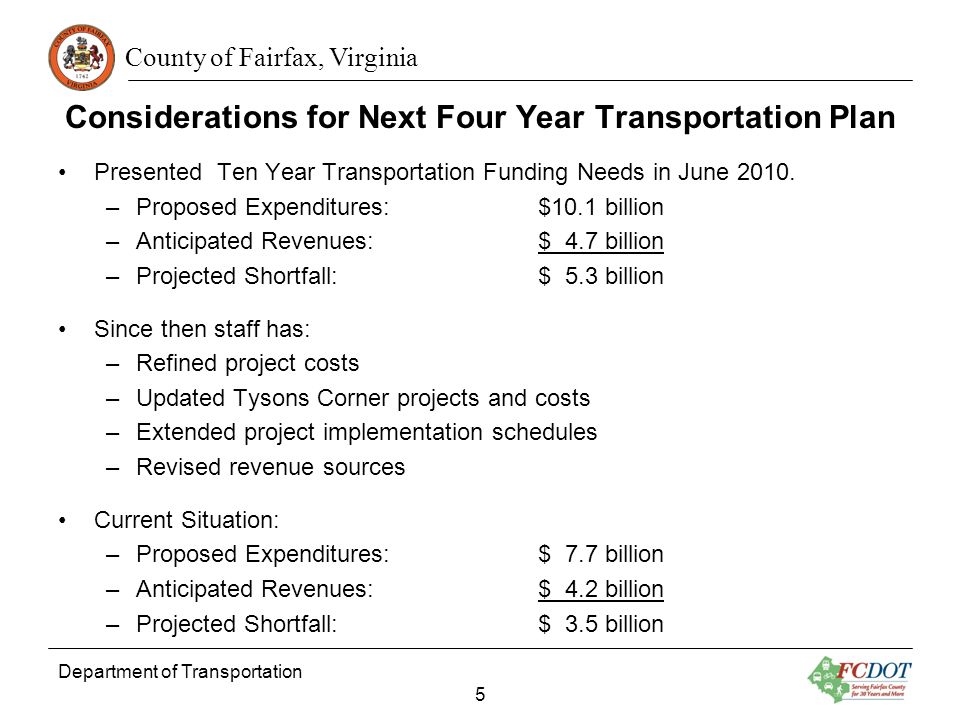 County of Fairfax, Virginia Presented Ten Year Transportation Funding Needs in June 2010.