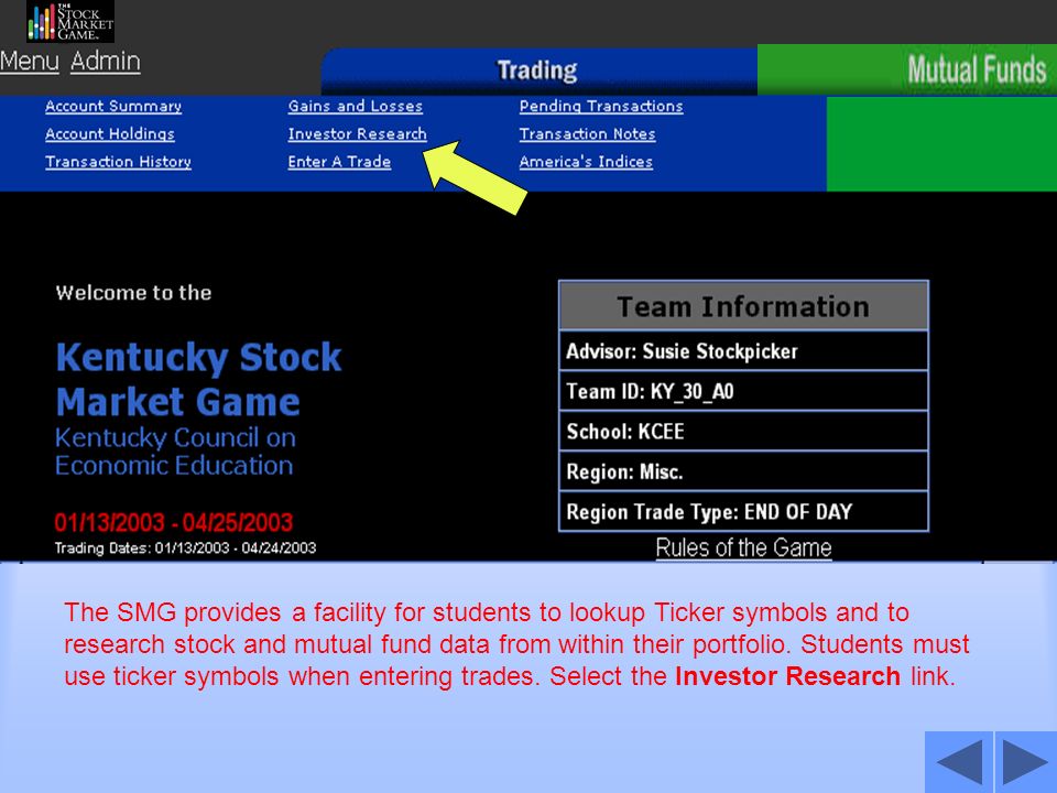 The SMG provides a facility for students to lookup Ticker symbols and to research stock and mutual fund data from within their portfolio.