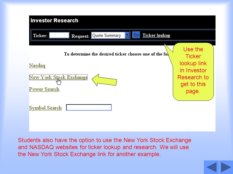 Students also have the option to use the New York Stock Exchange and NASDAQ websites for ticker lookup and research.