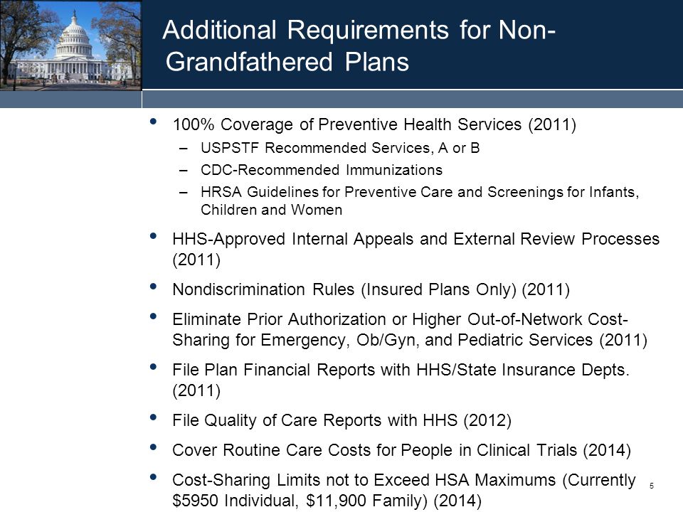 5 Additional Requirements for Non- Grandfathered Plans 100% Coverage of Preventive Health Services (2011) –USPSTF Recommended Services, A or B –CDC-Recommended Immunizations –HRSA Guidelines for Preventive Care and Screenings for Infants, Children and Women HHS-Approved Internal Appeals and External Review Processes (2011) Nondiscrimination Rules (Insured Plans Only) (2011) Eliminate Prior Authorization or Higher Out-of-Network Cost- Sharing for Emergency, Ob/Gyn, and Pediatric Services (2011) File Plan Financial Reports with HHS/State Insurance Depts.