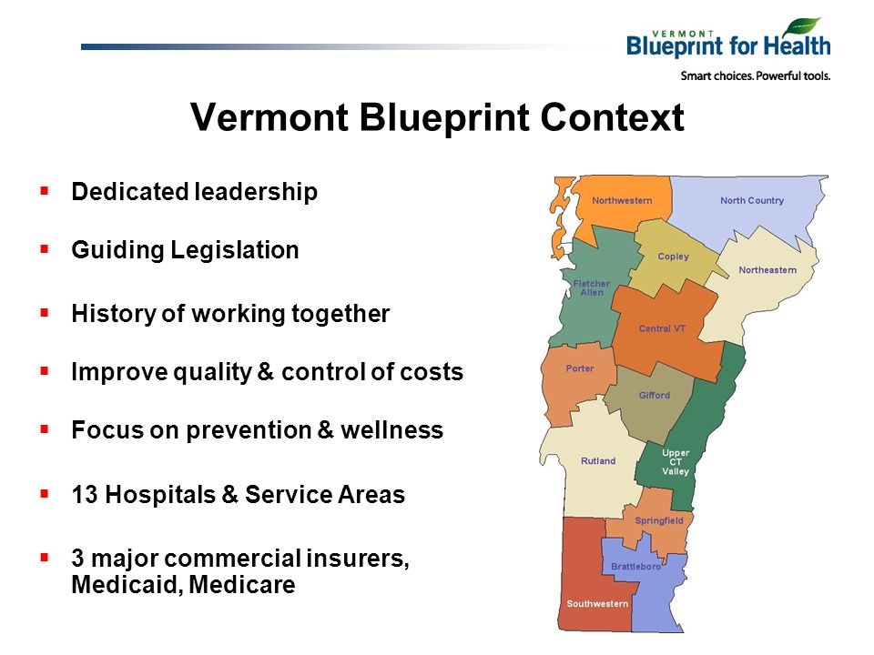 Vermont Blueprint Context Dedicated leadership Guiding Legislation History of working together Improve quality & control of costs Focus on prevention & wellness 13 Hospitals & Service Areas 3 major commercial insurers, Medicaid, Medicare