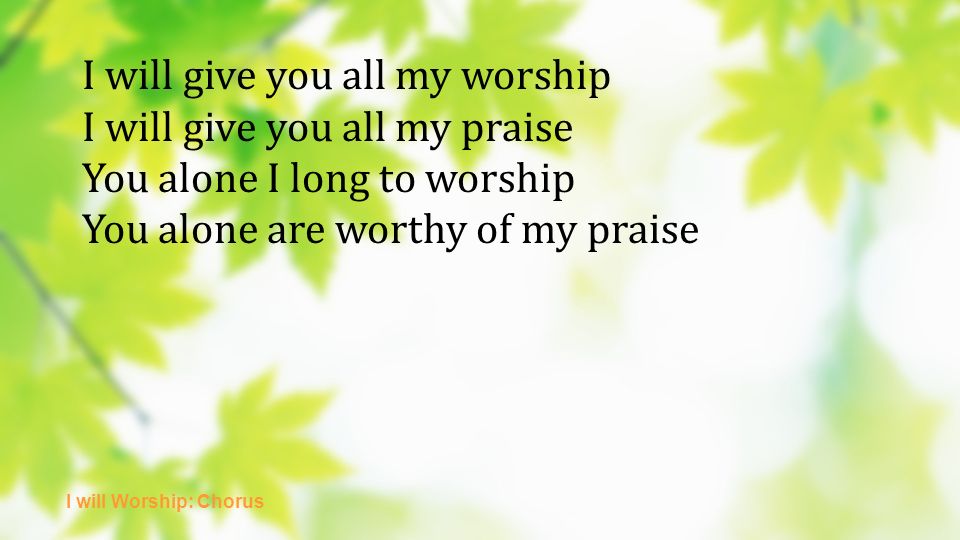 I will give you all my worship I will give you all my praise You alone I long to worship You alone are worthy of my praise I will Worship: Chorus