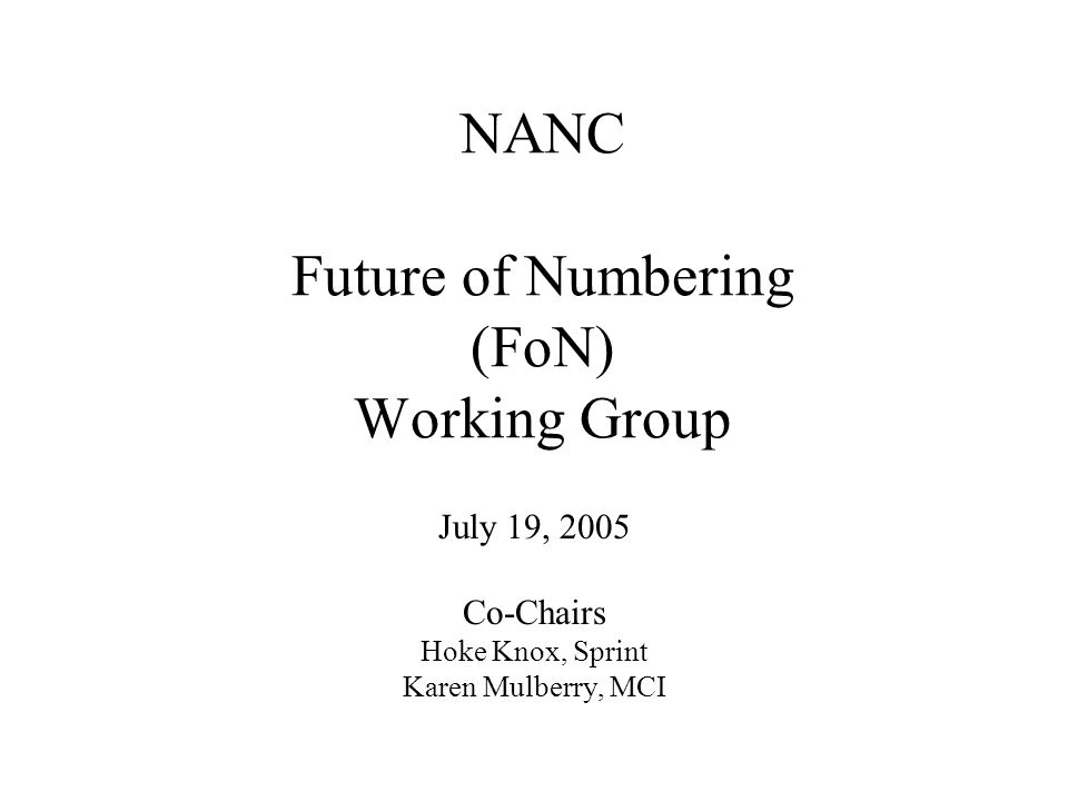 NANC Future of Numbering (FoN) Working Group July 19, 2005 Co-Chairs Hoke Knox, Sprint Karen Mulberry, MCI