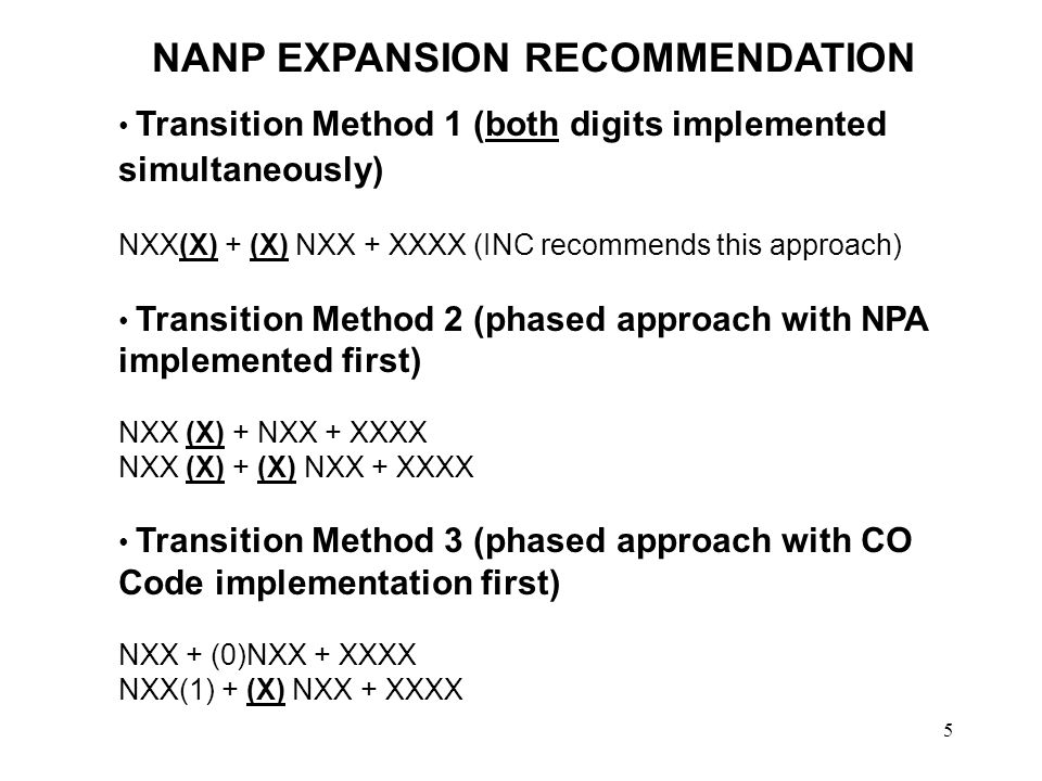5 NANP EXPANSION RECOMMENDATION Transition Method 1 (both digits implemented simultaneously) NXX(X) + (X) NXX + XXXX (INC recommends this approach) Transition Method 2 (phased approach with NPA implemented first) NXX (X) + NXX + XXXX NXX (X) + (X) NXX + XXXX Transition Method 3 (phased approach with CO Code implementation first) NXX + (0)NXX + XXXX NXX(1) + (X) NXX + XXXX