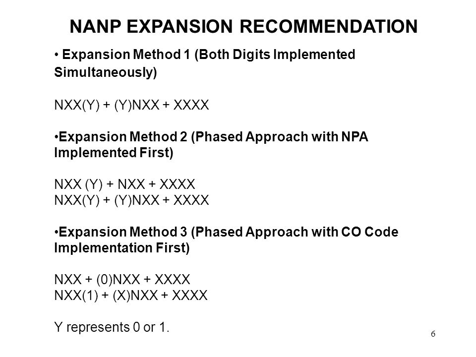 6 NANP EXPANSION RECOMMENDATION Expansion Method 1 (Both Digits Implemented Simultaneously) NXX(Y) + (Y)NXX + XXXX Expansion Method 2 (Phased Approach with NPA Implemented First) NXX (Y) + NXX + XXXX NXX(Y) + (Y)NXX + XXXX Expansion Method 3 (Phased Approach with CO Code Implementation First) NXX + (0)NXX + XXXX NXX(1) + (X)NXX + XXXX Y represents 0 or 1.