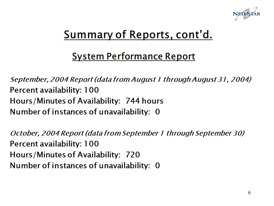 6 Summary of Reports, contd.