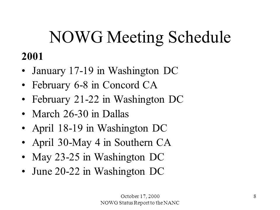 October 17, 2000 NOWG Status Report to the NANC 8 NOWG Meeting Schedule 2001 January in Washington DC February 6-8 in Concord CA February in Washington DC March in Dallas April in Washington DC April 30-May 4 in Southern CA May in Washington DC June in Washington DC
