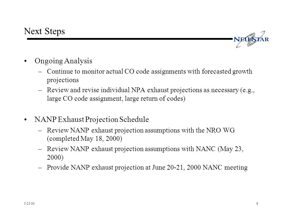 5/23/008 Next Steps Ongoing Analysis –Continue to monitor actual CO code assignments with forecasted growth projections –Review and revise individual NPA exhaust projections as necessary (e.g., large CO code assignment, large return of codes) NANP Exhaust Projection Schedule –Review NANP exhaust projection assumptions with the NRO WG (completed May 18, 2000) –Review NANP exhaust projection assumptions with NANC (May 23, 2000) –Provide NANP exhaust projection at June 20-21, 2000 NANC meeting
