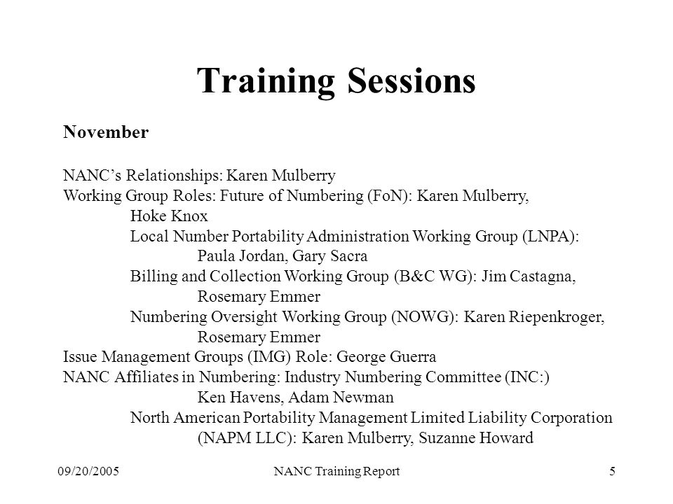 09/20/2005NANC Training Report5 Training Sessions November NANCs Relationships: Karen Mulberry Working Group Roles: Future of Numbering (FoN): Karen Mulberry, Hoke Knox Local Number Portability Administration Working Group (LNPA): Paula Jordan, Gary Sacra Billing and Collection Working Group (B&C WG): Jim Castagna, Rosemary Emmer Numbering Oversight Working Group (NOWG): Karen Riepenkroger, Rosemary Emmer Issue Management Groups (IMG) Role: George Guerra NANC Affiliates in Numbering: Industry Numbering Committee (INC:) Ken Havens, Adam Newman North American Portability Management Limited Liability Corporation (NAPM LLC): Karen Mulberry, Suzanne Howard