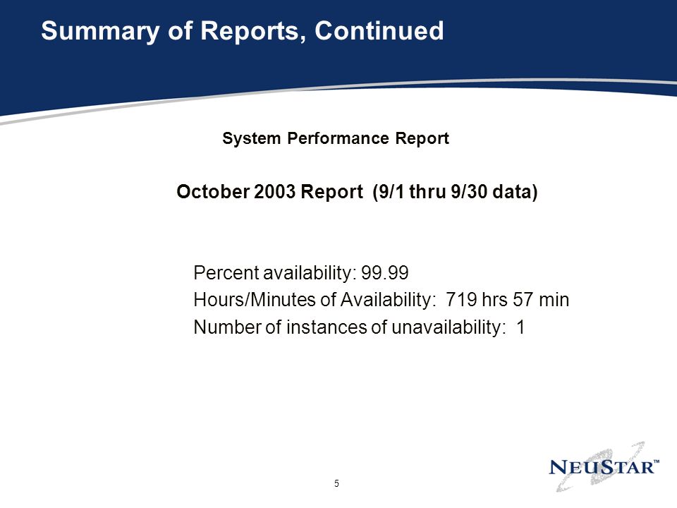 5 Summary of Reports, Continued System Performance Report October 2003 Report (9/1 thru 9/30 data) Percent availability: Hours/Minutes of Availability: 719 hrs 57 min Number of instances of unavailability: 1