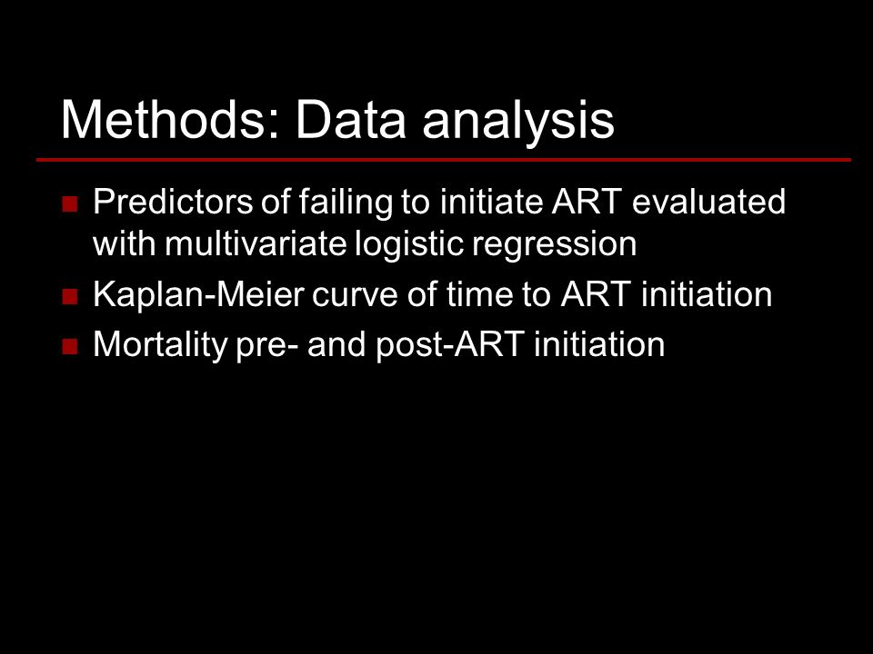 Methods: Data analysis Predictors of failing to initiate ART evaluated with multivariate logistic regression Kaplan-Meier curve of time to ART initiation Mortality pre- and post-ART initiation
