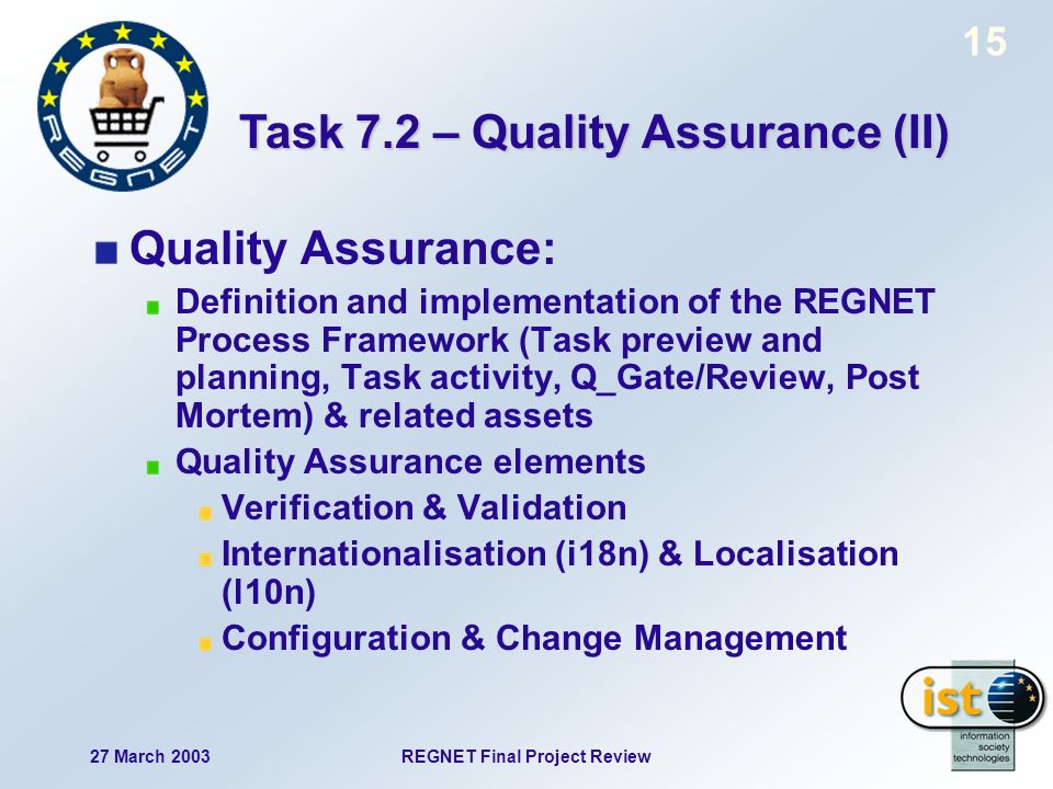 27 March 2003REGNET Final Project Review 15 Quality Assurance: Definition and implementation of the REGNET Process Framework (Task preview and planning, Task activity, Q_Gate/Review, Post Mortem) & related assets Quality Assurance elements Verification & Validation Internationalisation (i18n) & Localisation (l10n) Configuration & Change Management Task 7.2 – Quality Assurance (II)