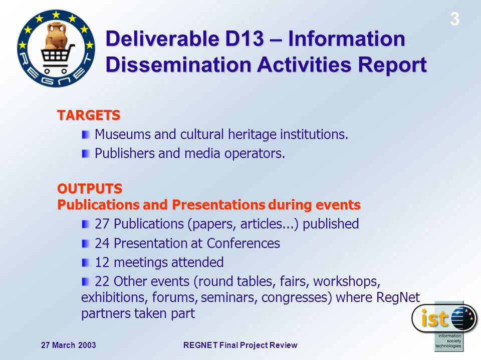 27 March 2003REGNET Final Project Review 3 Deliverable D13 – Information Dissemination Activities Report TARGETS Museums and cultural heritage institutions.