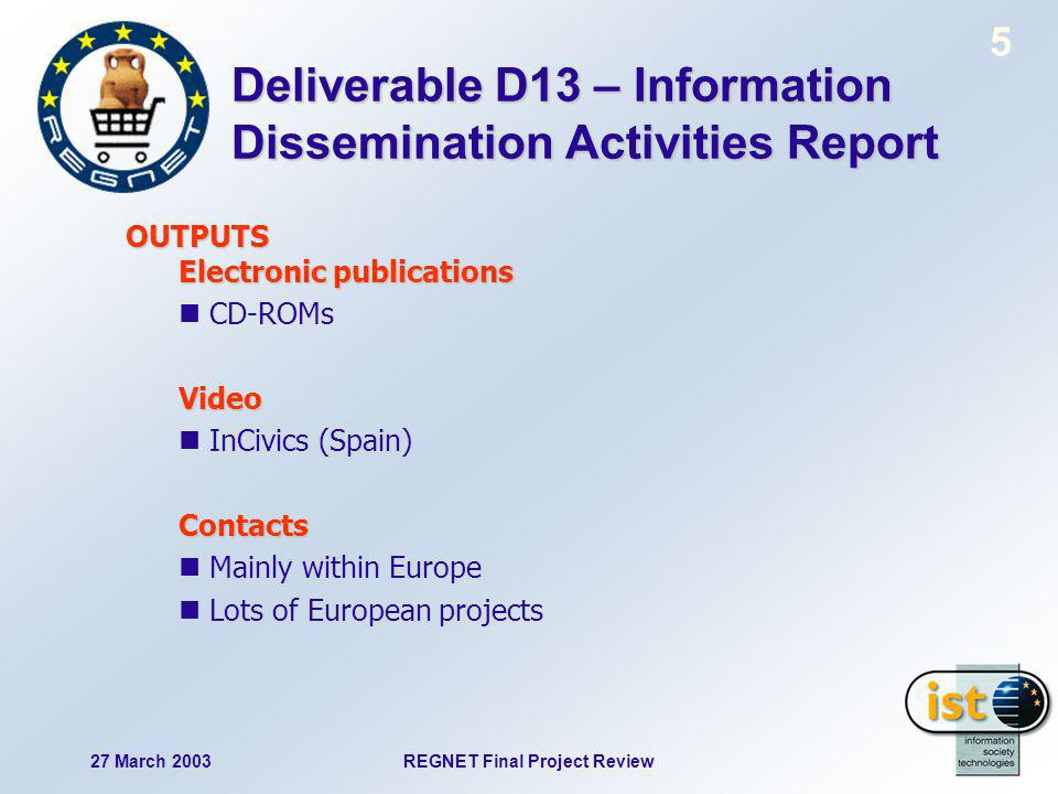 27 March 2003REGNET Final Project Review 5 Deliverable D13 – Information Dissemination Activities Report OUTPUTS Electronic publications CD-ROMsVideo InCivics (Spain)Contacts Mainly within Europe Lots of European projects