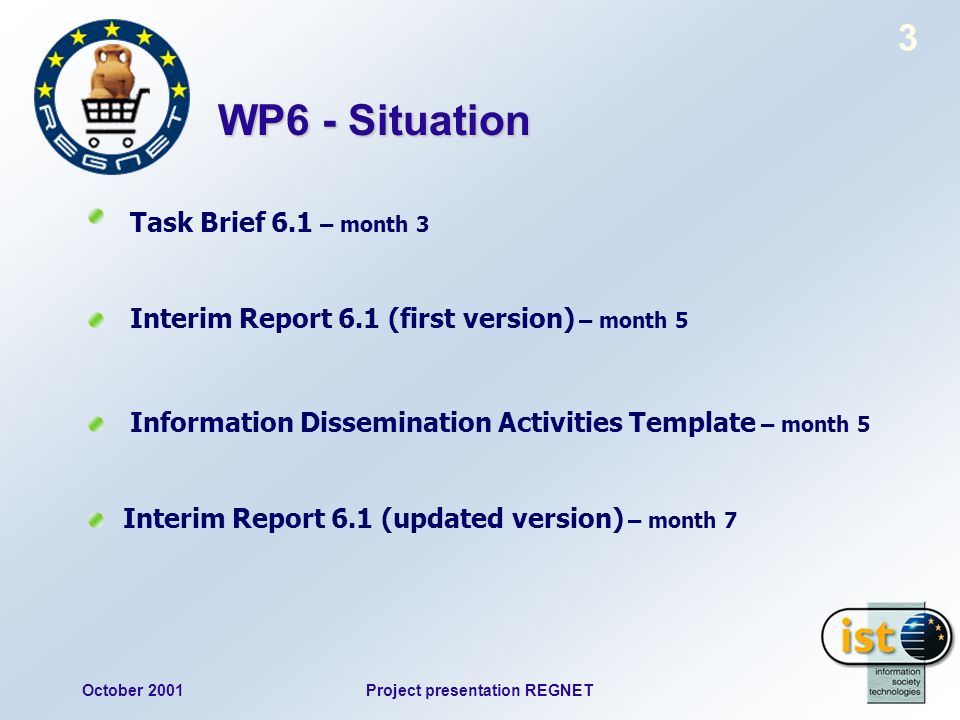 October 2001Project presentation REGNET 3 WP6 - Situation Task Brief 6.1 – month 3 Interim Report 6.1 (first version) – month 5 Interim Report 6.1 (updated version) – month 7 Information Dissemination Activities Template – month 5