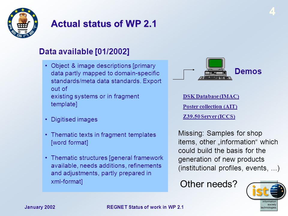 January 2002REGNET Status of work in WP Actual status of WP 2.1 Data available [01/2002] Object & image descriptions [primary data partly mapped to domain-specific standards/meta data standards.