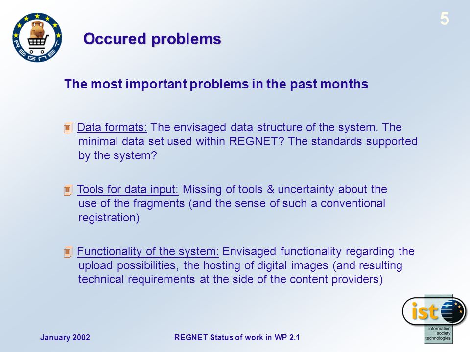 January 2002REGNET Status of work in WP Occured problems The most important problems in the past months Data formats: The envisaged data structure of the system.