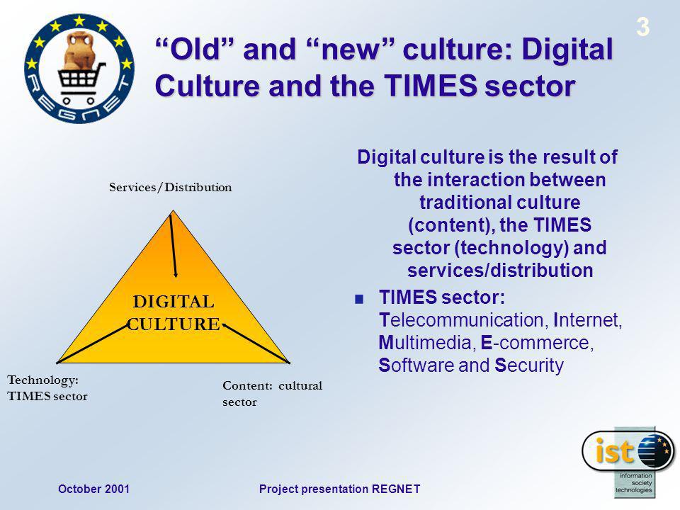 October 2001Project presentation REGNET 3 Old and new culture: Digital Culture and the TIMES sectorOld and new culture: Digital Culture and the TIMES sector Digital culture is the result of the interaction between traditional culture (content), the TIMES sector (technology) and services/distribution TIMES sector: Telecommunication, Internet, Multimedia, E-commerce, Software and Security DIGITAL CULTURE Technology: TIMES sector Content: cultural sector Services/Distribution